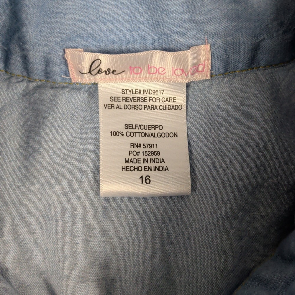 Love to be loved Girls Light Blue Denim Shirt Dress Size 16 Short Sleeve Cotton - Picture 2 of 5